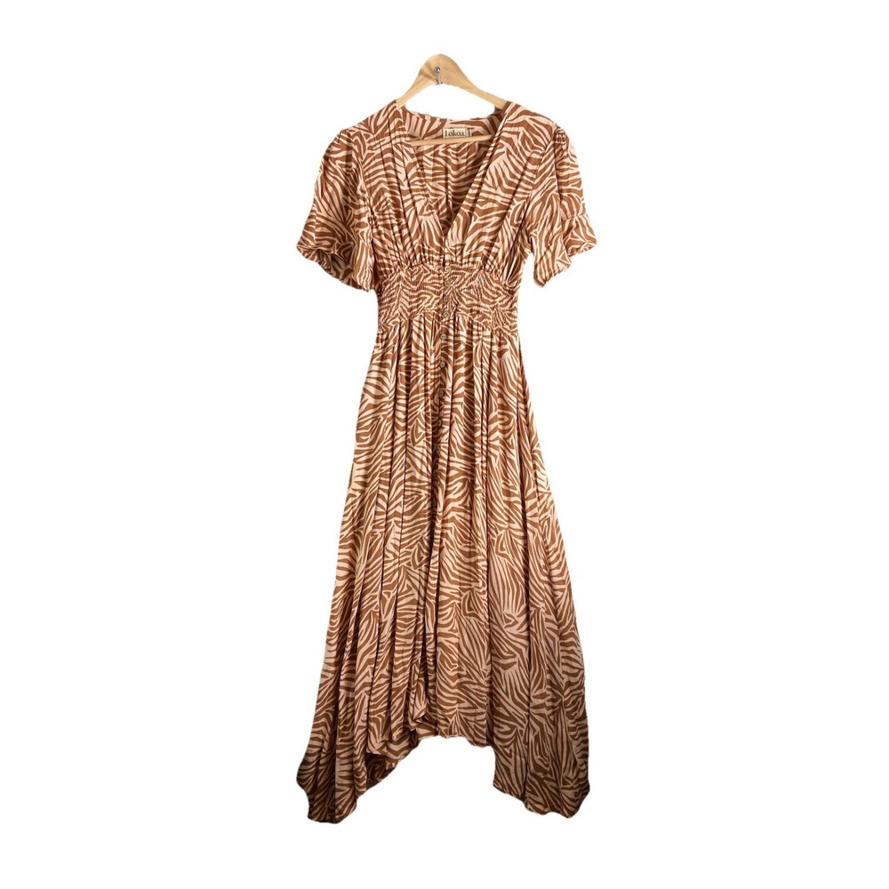 Boho Maxi Dress L Zebra Print Smocked Waist Flowy Tiered V Neck Resort